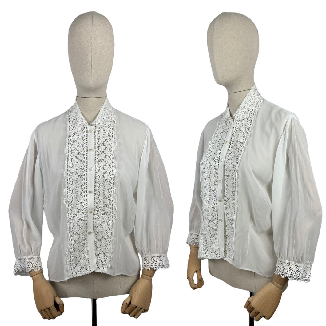 Vintage 1970's 1980's White Chiffon Blouse with Lace Bodice and Cuff Trim - Bust 38 40