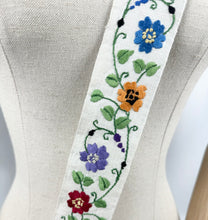 Load image into Gallery viewer, Original 1930&#39;s Embroidered Cream Linen Belt with Blue Buckle - Silk Flowers in Red, Purple, Mustard, Blue and Orange
