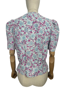 1940's Reproduction Blouse in Mauve, Blue and White Floral Made from a Feed Sack - Bust 35 37