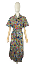 Load image into Gallery viewer, Original 1950's Bold Floral Crisp Cotton Belted Chore Dress by Banner - Blue with Pink Roses - Bust 40 *
