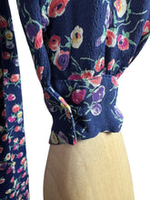 Load image into Gallery viewer, Original 1940's Navy Blue Crepe Long Sleeved Day Dress with Floral Print in Pink and Purple
