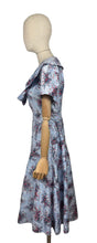Load image into Gallery viewer, Original 1950&#39;s Floppy Blue Cotton Day Dress with Floral Sprays in Red, Yellow and White - Bust 38 40
