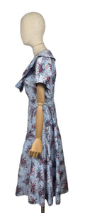 Original 1950's Floppy Blue Cotton Day Dress with Floral Sprays in Red, Yellow and White - Bust 38 40