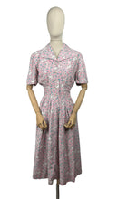 Load image into Gallery viewer, Original Late 1940&#39;s or Early 1950&#39;s Classic Floral Cotton Day Dress in Pink, White, Grey and Blue Floral - Bust 38
