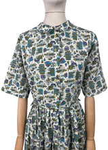 Load image into Gallery viewer, Vintage 1950&#39;s 1960&#39;s Lightweight Cotton Novelty Print Shirtwaister Dress in Purple, Blue and Green - Bust 36
