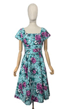 Load image into Gallery viewer, Original 1950's Marldena Model Blue Cotton Day Dress with Pink, Black, Teal and Black Floral Print and Hip Swag - Bust 35 *
