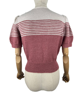 Reproduction 1940's Striped Jumper in Strawberry Pink and White Fog with Full Puff Sleeves - Bust 38 40 *