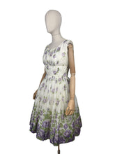 Load image into Gallery viewer, Original 1950&#39;s Cream, Purple and Green Nylon Full Skirted Dress - Bust
