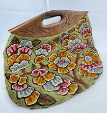 Load image into Gallery viewer, Original 1920’s Crewel Work Bag with Flowers in Green, Rust, Pink and Blue with Carved Wooden Handles
