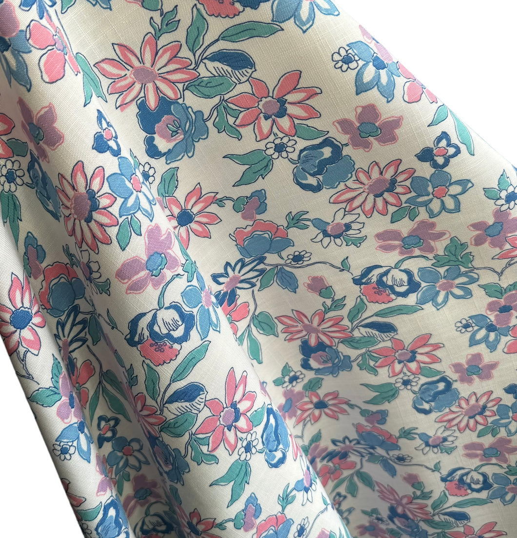 Original 1940's 1950's Floral Linen White, Blue, Green and Pink Tootal Brand Dressmaking Fabric - 35