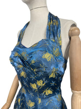 Load image into Gallery viewer, Original 1950&#39;s Blue and Gold Halterneck Cocktail Dress - Bust 36 37 *
