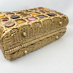 Original 1950’s Wicker Bag with Pretty Button Trim - Handmade in British Hong Kong