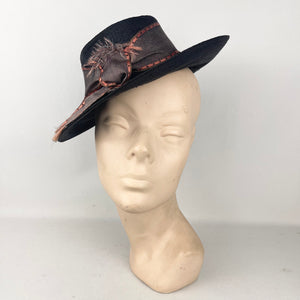 Original 1940's Black Straw Tilt Hat with Bronze Grosgrain Trim