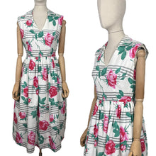 Load image into Gallery viewer, Original 1950&#39;s Crisp White Cotton Day Dress with Stripes and Roses Print - Bust 36
