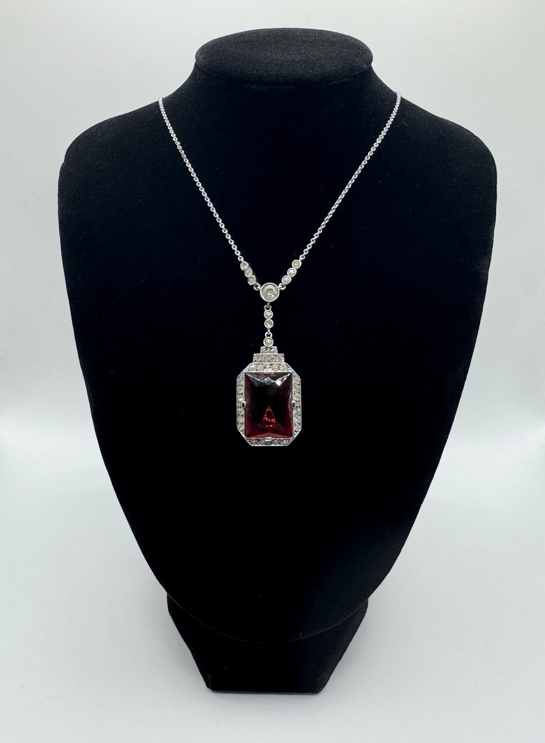 Original 1930's Art Deco Red Glass Droplet Necklace with Clear Paste Surround