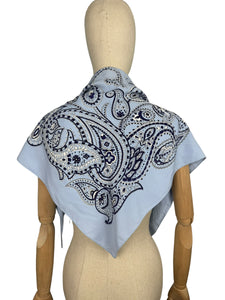 Original 1940's Triangular Crepe Scarf in Two-Tone Blue and White Paisley Print - Vintage Neckerchief