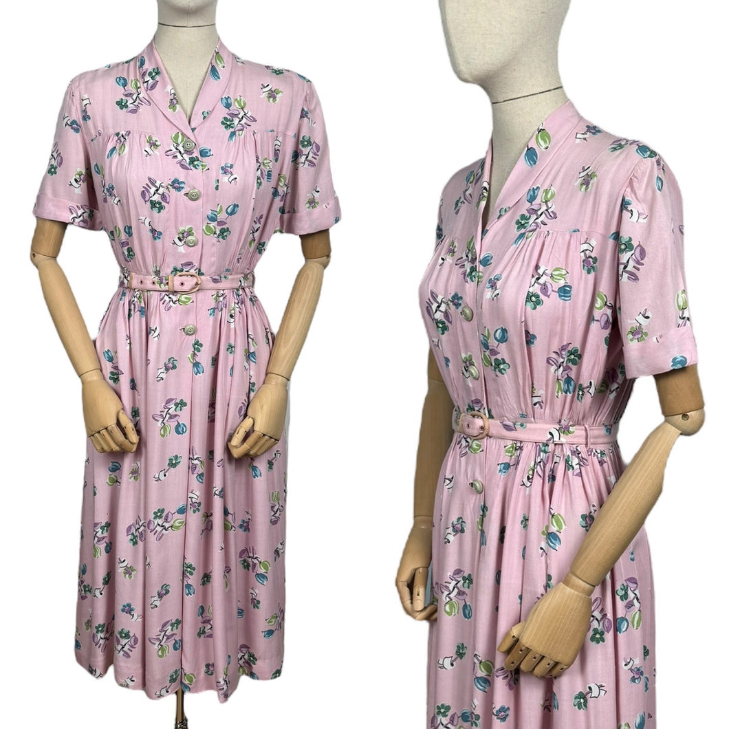 Original 1940's CC41 Pink, Green, Blue and White Floral Cotton Belted Day Dress - Bust 36