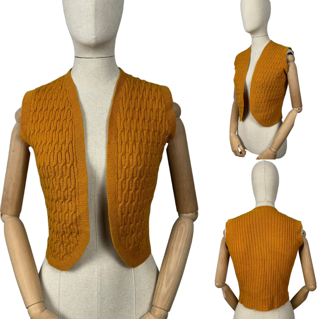 Original 1940's Pure Wool Cable Knit Waistcoat in Mustard - Bust 34 36