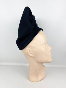 Incredible Original 1940's Midnight Blue Felt Turban Hat by Lincoln Bennett