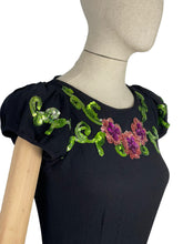 Load image into Gallery viewer, Original 1940&#39;s Ellen Kaye Original Black Crepe Cocktail Dress with Floral Sequin Detail in Pink and Green - Bust 32 34
