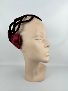 Original 1950's Burgundy Velvet Half Hat with Double Satin Bow Trim - Great Cocktail Hat