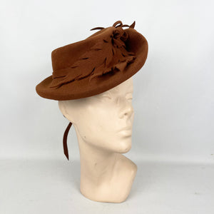 Original 1940's Rust Felt Tilt Topper Hat Trimmed with Large Felt Leaves and with a Neat Tie Back *