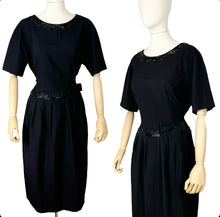 Load image into Gallery viewer, Original 1950’s Black Beaded Wool Wiggle Dress with Bow Trim from Budapest - Bust 40 42
