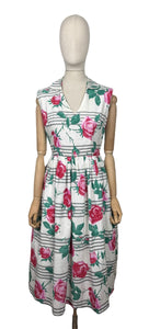 Original 1950's Crisp White Cotton Day Dress with Stripes and Roses Print - Bust 36
