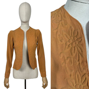 Original 1930’s Golden Ochre Crepe Jacket with Tapunto Quilting - Bust 32 34