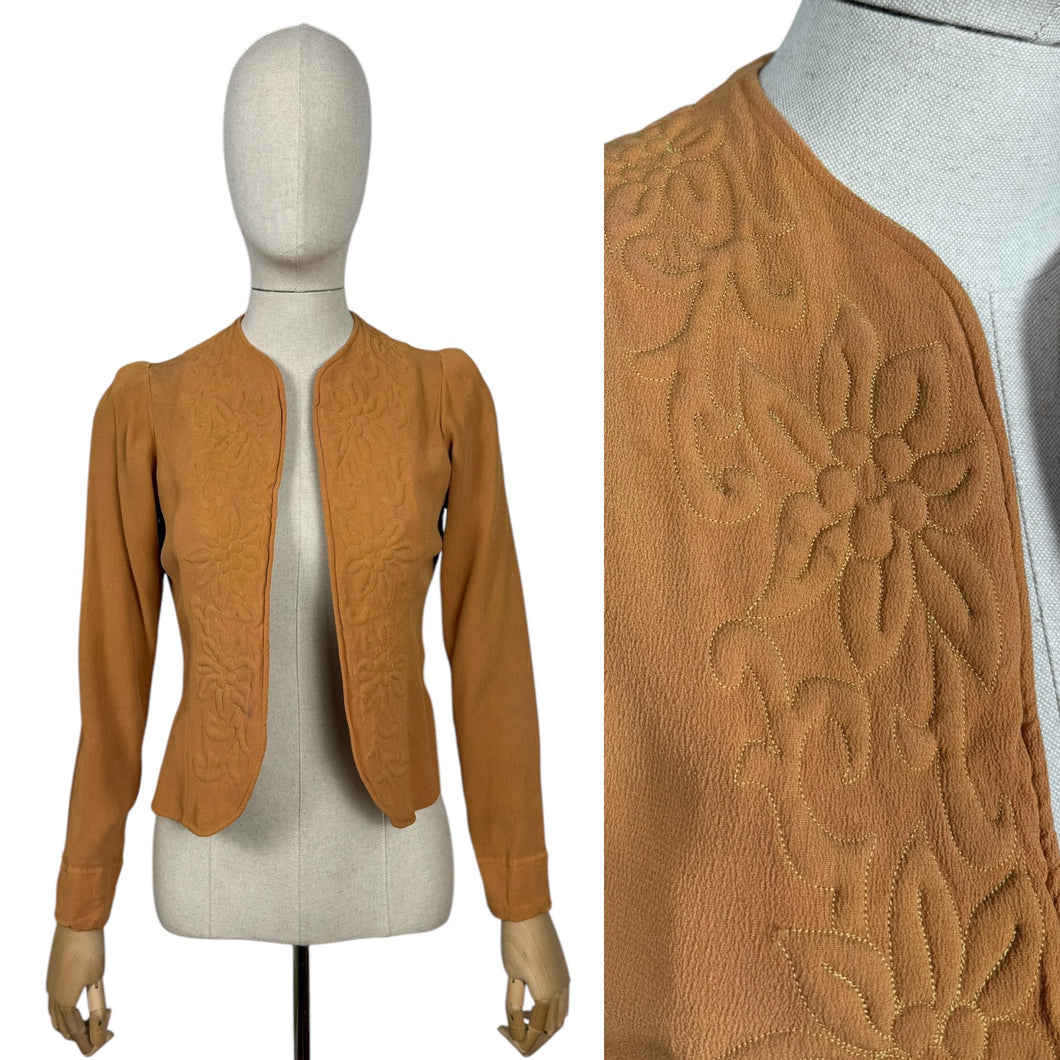 Original 1930’s Golden Ochre Crepe Jacket with Tapunto Quilting - Bust 32 34