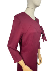 REPRODUCTION 1930's Burgundy Day Dress with Three Quarter Length Sleeves and Bow Detail on the Bodice - Bust 36