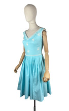 Load image into Gallery viewer, Original 1950's Turquoise Blue Cotton Dress with White Soutache by Carnegie - Bust 32 33 *
