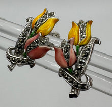 Load image into Gallery viewer, Original 1950&#39;s Mid Century Pink and Yellow Enamel and Marcasite Tulip Flower Screw Back Earrings

