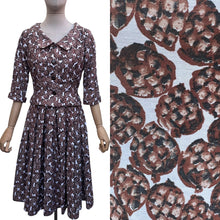 Load image into Gallery viewer, Original 1950's White and Brown Novelty Print Pine Cone Dress and Jacket Set - Bust 34

