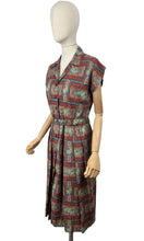Load image into Gallery viewer, Original 1950&#39;s Brown, Blue and Green Belted Cotton Day Dress - Bust 36
