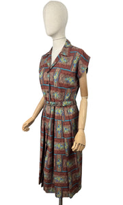 Original 1950's Brown, Blue and Green Belted Cotton Day Dress - Bust 36