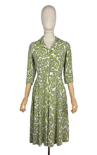 Load image into Gallery viewer, Original 1940’s Green and White Crepe Day Dress with Leaf Print - Bust 34 35
