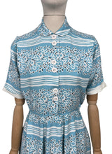 Load image into Gallery viewer, Original 1940&#39;s 1950&#39;s Blue, White and Black Stripe Cotton Floral Day Dress - Bust 36
