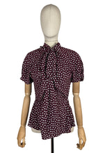 Load image into Gallery viewer, Original 1940's Pure Silk Novelty Print Swan Blouse in Burgundy and White with Bow Tie at Neck - Bust 34
