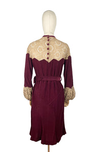Absolutely Stunning Original 1930's Burgundy Chenille Dress With Bow Belt, Pointed Lace Yoke and Full Sleeves - Bust 34 35