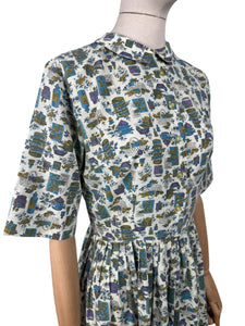 Vintage 1950's 1960's Lightweight Cotton Novelty Print Shirtwaister Dress in Purple, Blue and Green - Bust 36