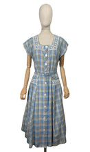 Load image into Gallery viewer, Original 1950&#39;s Blue, Brown and White Embroidered Check Belted Dress - Bust 36 38
