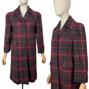 Original 1940's American Made Wool Plaid Coat in Burgundy, Green and Old Gold - Satin Lined - Bust 34 36