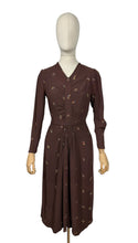 Load image into Gallery viewer, Original 1930’s Chocolate Brown Long Sleeved Crepe Day Dress with Button Back and Original Belt - Bust 34 36
