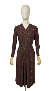 Original 1930’s Chocolate Brown Long Sleeved Crepe Day Dress with Button Back and Original Belt - Bust 34 36