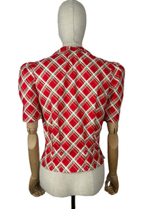 1940's Reproduction Christmas Blouse In Red, Mint Green, White and Pink Vintage Check in Moda Cotton 'Deer Christmas' - Bust 34" 36"