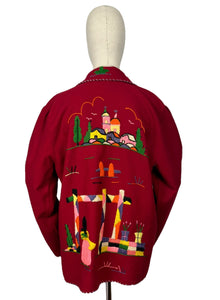 Original 1950's Embroidered Mexican Felt Tourist Jacket in Cherry Red - Bust 36 38 40