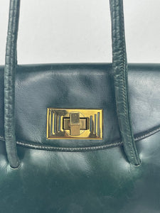 Original 1930’s Dark Green Leather Bag with Gold Tone Fixing and Double Handle