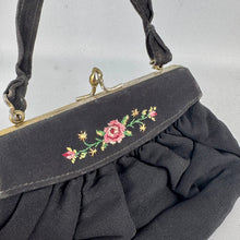 Load image into Gallery viewer, Original 1940&#39;s or 1950&#39;s Black Crepe Evening Bag with Rose Embroidery
