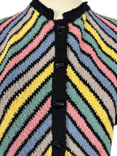 Load image into Gallery viewer, Original 1940&#39;s Black Chevron Stripe Cardigan in Boucle Wool in Yellow, Grey, Blue, Pink and Green - Bust 36 38
